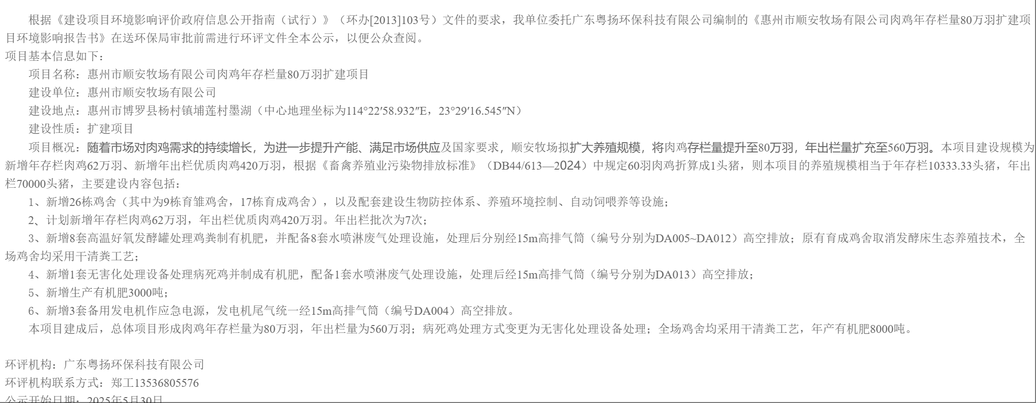 《惠州市順安牧場有限公司肉雞年存欄量80萬羽擴建項目環(huán)境影響報告書》審批前公示